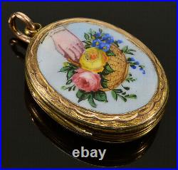 Antique Victorian 9k Gold Enamel Locket Pendant Hand With Basket Of Flowers