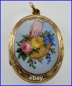 Antique Victorian 9k Gold Enamel Locket Pendant Hand With Basket Of Flowers