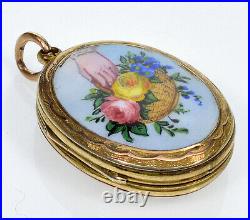 Antique Victorian 9k Gold Enamel Locket Pendant Hand With Basket Of Flowers