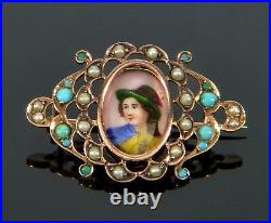 Antique Victorian 9k Hand Painted Vagabond Boy Brooch Pin Turquoise Pearl C. 1870
