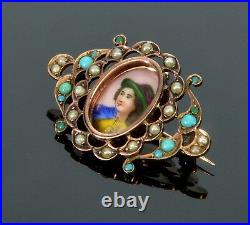Antique Victorian 9k Hand Painted Vagabond Boy Brooch Pin Turquoise Pearl C. 1870