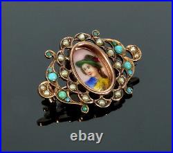 Antique Victorian 9k Hand Painted Vagabond Boy Brooch Pin Turquoise Pearl C. 1870