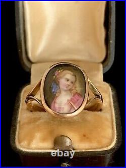 Antique, Victorian 9k Rose Gold hand-painted on porcelain Portrait Ring/us9.5