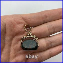 Antique Victorian 9k yellow gold bloodstone 3 triple side pendant charm fob seal