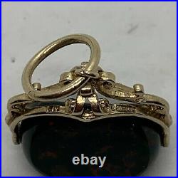 Antique Victorian 9k yellow gold bloodstone 3 triple side pendant charm fob seal