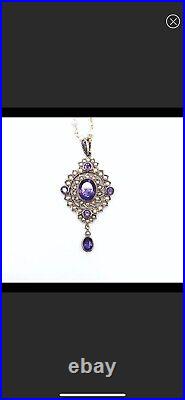 Antique Victorian Amethyst & Seed Pearl Pendant on New Pearl Hand Wired Chain