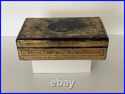 Antique Victorian Anglo-Indian Gilt Laquer Jewelry Box Hand Painted Kashmir 1880