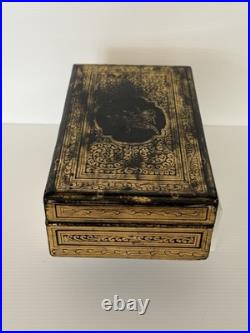 Antique Victorian Anglo-Indian Gilt Laquer Jewelry Box Hand Painted Kashmir 1880