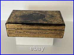 Antique Victorian Anglo-Indian Gilt Laquer Jewelry Box Hand Painted Kashmir 1880
