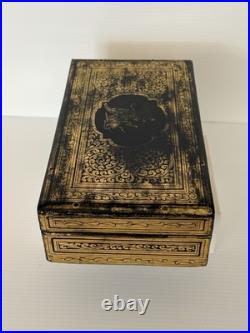 Antique Victorian Anglo-Indian Gilt Laquer Jewelry Box Hand Painted Kashmir 1880