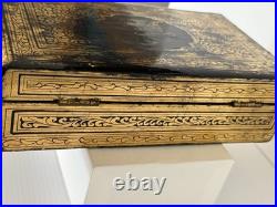 Antique Victorian Anglo-Indian Gilt Laquer Jewelry Box Hand Painted Kashmir 1880
