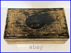 Antique Victorian Anglo-Indian Gilt Laquer Jewelry Box Hand Painted Kashmir 1880