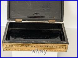 Antique Victorian Anglo-Indian Gilt Laquer Jewelry Box Hand Painted Kashmir 1880