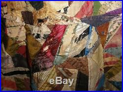 Antique Victorian Antique Hand Sewn Silk Crazy Quilt Large 84 X 92