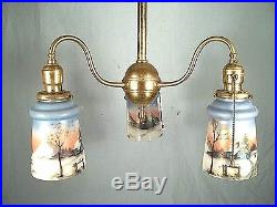 Antique Victorian Art Nouveau 3 Arm Brass Chandelier With Hand Painted Shades