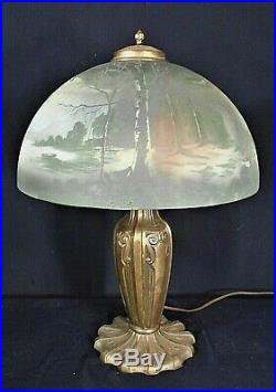 Antique Victorian Art Nouveau Brass Lamp With Hand Painted Milk Glass Shade