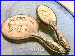 Antique Victorian Art Nouveau Cherub Angel Repousse Hand Mirror Brush Vanity Set