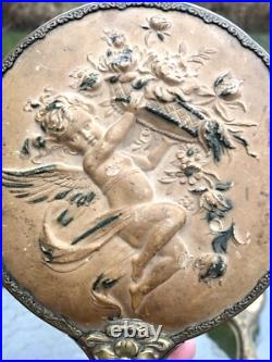 Antique Victorian Art Nouveau Cherub Angel Repousse Hand Mirror Brush Vanity Set