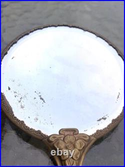 Antique Victorian Art Nouveau Cherub Angel Repousse Hand Mirror Brush Vanity Set