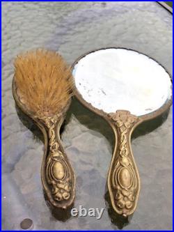 Antique Victorian Art Nouveau Cherub Angel Repousse Hand Mirror Brush Vanity Set