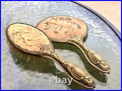 Antique Victorian Art Nouveau Cherub Angel Repousse Hand Mirror Brush Vanity Set