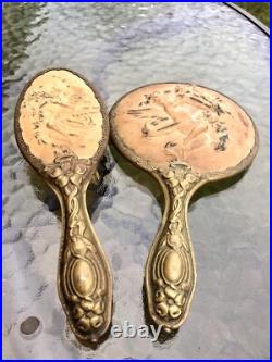 Antique Victorian Art Nouveau Cherub Angel Repousse Hand Mirror Brush Vanity Set