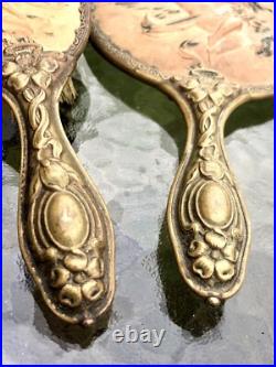 Antique Victorian Art Nouveau Cherub Angel Repousse Hand Mirror Brush Vanity Set