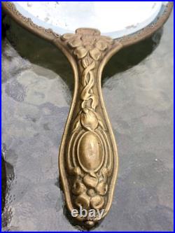 Antique Victorian Art Nouveau Cherub Angel Repousse Hand Mirror Brush Vanity Set