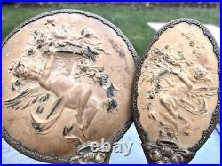 Antique Victorian Art Nouveau Cherub Angel Repousse Hand Mirror Brush Vanity Set