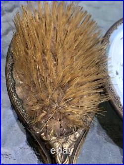 Antique Victorian Art Nouveau Cherub Angel Repousse Hand Mirror Brush Vanity Set