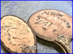 Antique Victorian Art Nouveau Cherub Angel Repousse Hand Mirror Brush Vanity Set