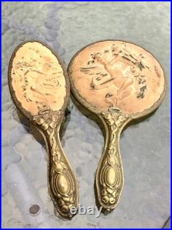 Antique Victorian Art Nouveau Cherub Angel Repousse Hand Mirror Brush Vanity Set