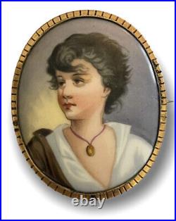 Antique Victorian Art Nouveau Hand Painted Neapolitan Fisher Boy Portrait Brooch