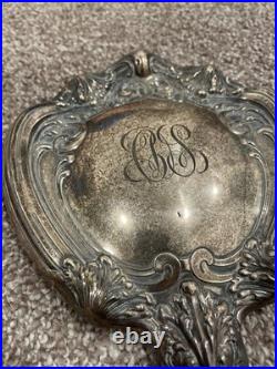 Antique Victorian Art Nouveau Sterling Silver Repousse Hand Mirror Monogram
