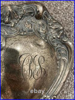 Antique Victorian Art Nouveau Sterling Silver Repousse Hand Mirror Monogram