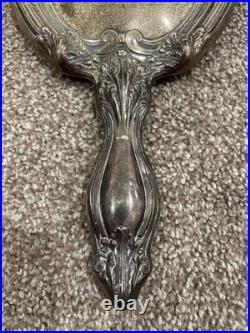 Antique Victorian Art Nouveau Sterling Silver Repousse Hand Mirror Monogram