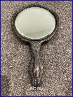 Antique Victorian Art Nouveau Sterling Silver Repousse Hand Mirror Monogram