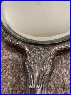 Antique Victorian Art Nouveau Sterling Silver Repousse Hand Mirror Monogram