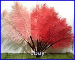 Antique Victorian Austria Pink Red Ostrich Feather Faux Tortoiseshell Hand Fan