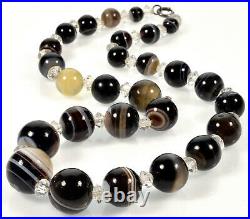 Antique Victorian Banded Agate Hand Cut Bead Necklace/choker Sterling Clasp 2