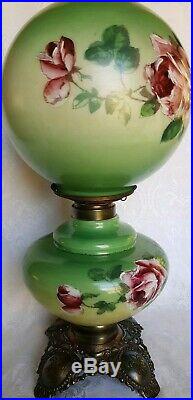 Antique Victorian Banquet Oil Lamp Hand Painted Roses GWTW PITTSBURGH P&A 246 PG