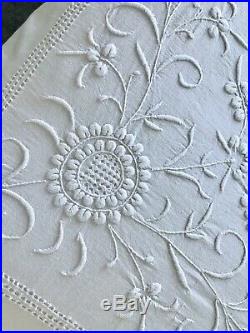 Antique Victorian Bedspread Raised Hand-embroidery, M Monogram, White Cotton