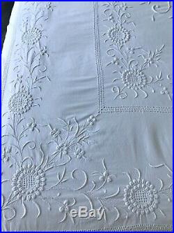 Antique Victorian Bedspread Raised Hand-embroidery, M Monogram, White Cotton