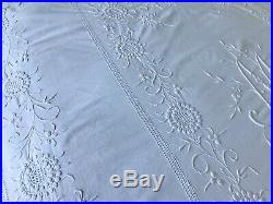 Antique Victorian Bedspread Raised Hand-embroidery, M Monogram, White Cotton