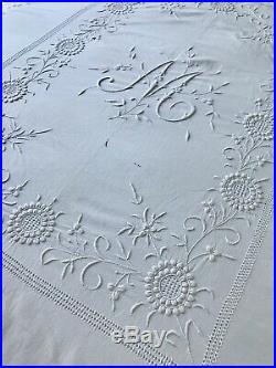 Antique Victorian Bedspread Raised Hand-embroidery, M Monogram, White Cotton