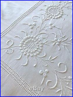 Antique Victorian Bedspread Raised Hand-embroidery, M Monogram, White Cotton