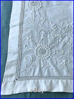 Antique Victorian Bedspread Raised Hand-embroidery, M Monogram, White Cotton