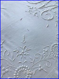 Antique Victorian Bedspread Raised Hand-embroidery, M Monogram, White Cotton