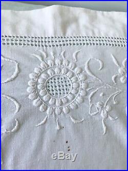 Antique Victorian Bedspread Raised Hand-embroidery, M Monogram, White Cotton