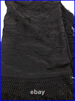 Antique Victorian Black Silk Hand Embroidered Piano Shawl Tassels Mourning Scarf